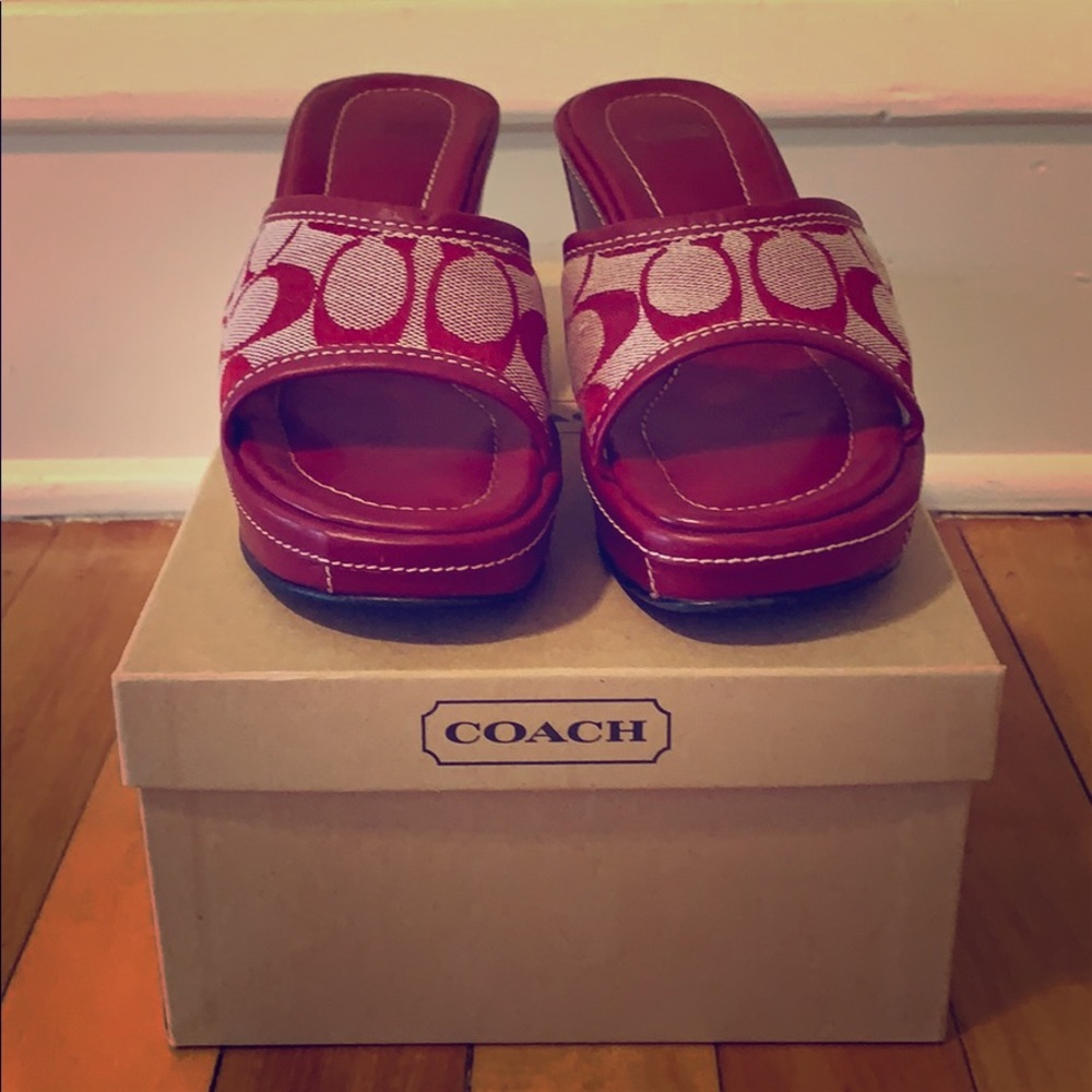 Vintage Coach Logo Wedge Slides, size 6
